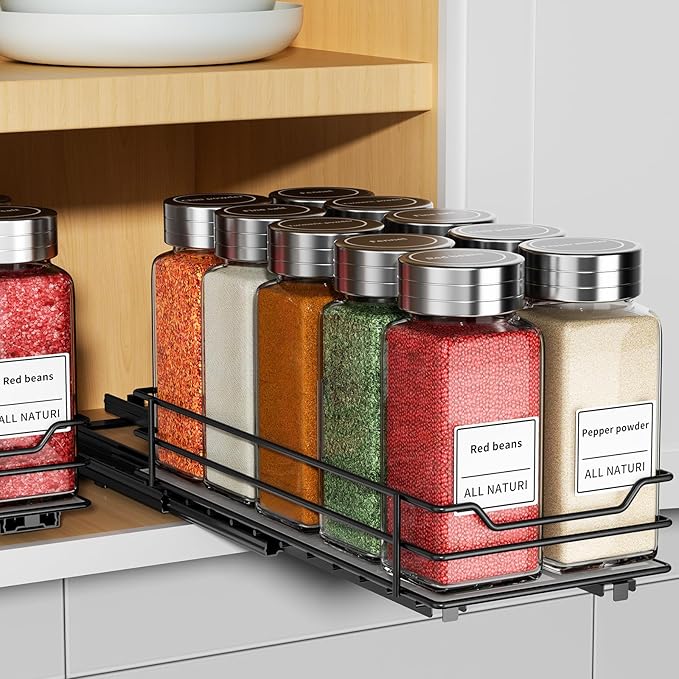 RCHYFEED Pull Out Spice Rack Organizer for Cabinet,Slide out Spice Organizer for Inside Cabinets,Heavy Duty Spice Organization for Kitchen and Pantry,Seasoning,Sauces(1-Tier,4.5" Wx10.5 Dx2.5 H)