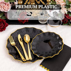 I00000 350 PCS Black and Gold Plastic Plates for 50 Guests, Premium Scalloped Disposable Dinnerware Set Include: 100 Disposable Plate, 50 Napkins, 50 Cups, 50 Silverware Set for Party & Wedding