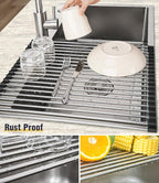 Tomorotec 21" x 15.5" Roll Up Dish Drying Rack Over Sink Drying Rack Sink Cover Kitchen Sink Accessories Gadget Multipurpose Organizer Foldable Stainless Steel Drainer