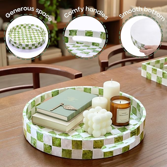 CHI AN HOME 12.6" Capiz Decorative Tray with Handles, Checkered Round Serving Tray for Coffee Table, Kitchen Counter, or Bathroom (Pistachio Green)