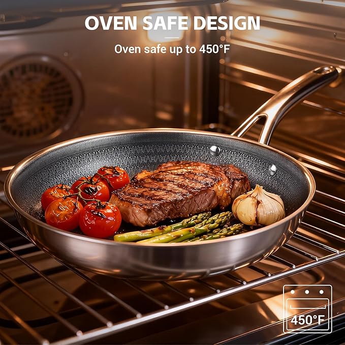 Ammeloo Hybrid Tri-Ply Stainless Steel Frying Pan Set, 8"/9.5"/11" Cooking Pans, Non Stick Frying Pans and Skillets, Chef Pan, Non Toxic, Dishwasher Safe, Induction Compatible, Black Interior