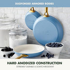 GreenPan Hard Anodized Healthy Ceramic Nonstick 8" 10" & 12" 3 Piece Frying Pan Skillet Set, Gold Handle, PFAS-Free, Dishwasher Safe, Oven Safe, Sky Blue
