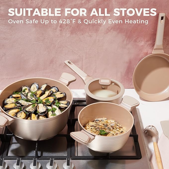 HONGBAKE 26 Pcs Pots and Pans Set Non Stick, Non Toxic Ceramic Cooking Set With 10 Silicone Utensils, Kitchen Induction Cookware & Bakeware Sets with Diamond Texture Pattern, PFOA Free, Gold
