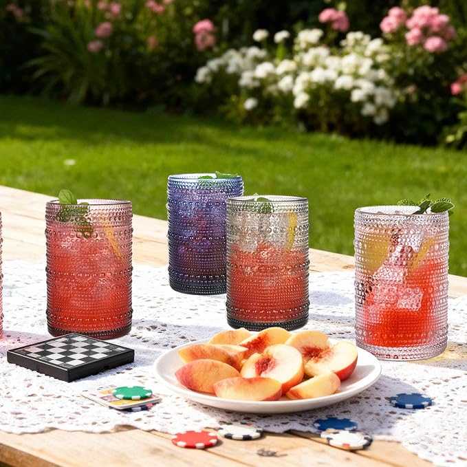 Amber Hobnail Drinking Glasses Set of 6,15 oz Vintage Highball Glasses,Drinkware Kitchen Glasses for Cocktail,Iced Coffee,Beer,Ice Tea,Wine,Whiskey,Water