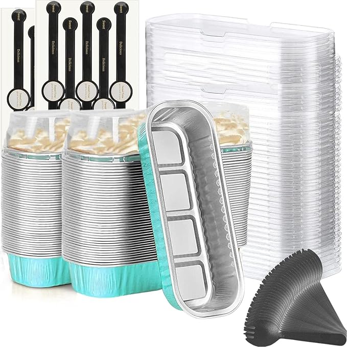 Mini Loaf Baking Pans with Lids And Spoons (100 Pack, 6.8oz) Rectangle Aluminum Foil Baking Pans Tins Containers - Cupcake Containers Wrappers Cheesecake Creme Brulee Ramekins