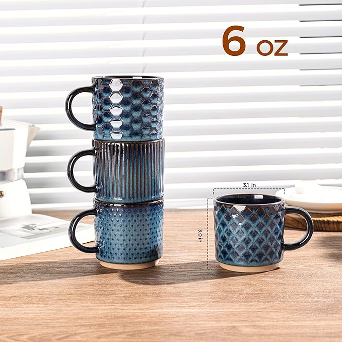 GBhome 6 OZ Stackable Coffee Mugs, Ceramic Coffee Mugs with Texture Patterns for Man,Woman,Dad,Mom, Modern Coffee Cups Set of 4 for Espresso/Cappuccino. Dishwasher&Microwave Safe