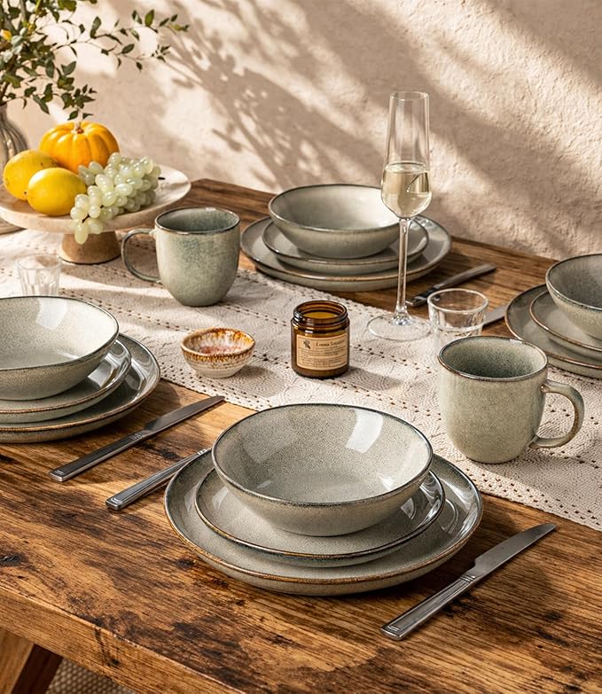 GBHOME Stoneware Dinnerware Sets for 6, 18 Pieces Rustic Ceramic Plates and Bowls Set, Handmade Reactive Glaze Plate Sets, Highly Chip Resistant Dishes, Microwave & Dishwasher Safe, Green Wheat