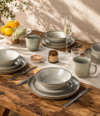 GBHOME Stoneware Dinnerware Sets for 6, 18 Pieces Rustic Ceramic Plates and Bowls Set, Handmade Reactive Glaze Plate Sets, Highly Chip Resistant Dishes, Microwave & Dishwasher Safe, Green Wheat