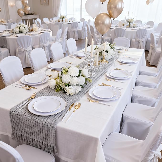 DaYammi 30 Guests Gold Plastic Plates with Disposable Silverware,Gold Cutlery with White Handle,White Disposable Dinnerware:60 Dinner/Dessert Plates,90 Plastic Silverware Set,Gold Plate for Party