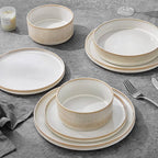 LIANYU 8 Piece Stoneware Plates and Bowls Dishes Set for 2, Dinnerware Sets with Pasta Bowls, Ribbed Dining Ware Dishware for Home Wedding, Microwave and Dishwasher Safe, Dawn Beige