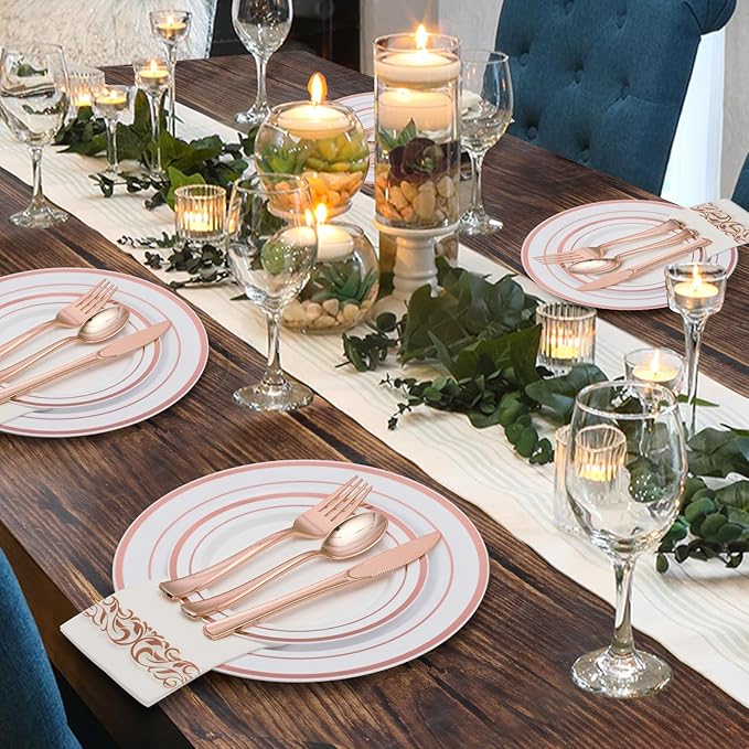 Goodluck 175 Pieces Rose Gold Dinnerware Set for 25 Guests, Plastic Plates Disposable for Party, Include: 25 Dinner Plates, 25 Dessert Plates, 25 Paper Napkins, 25 Cups, 25 Silverware Set