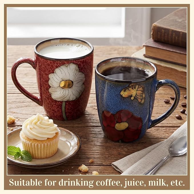 Maxdot 2 Pcs 12oz Ceramic Coffee Mugs Sets Glazing Process Cappuccino Mug Floral Ceramic Tea Cups Mother's Day Idea Gift for Women Mom Porcelain Cup for Coffee, Cocoa, Tea, Latte (Rustic)