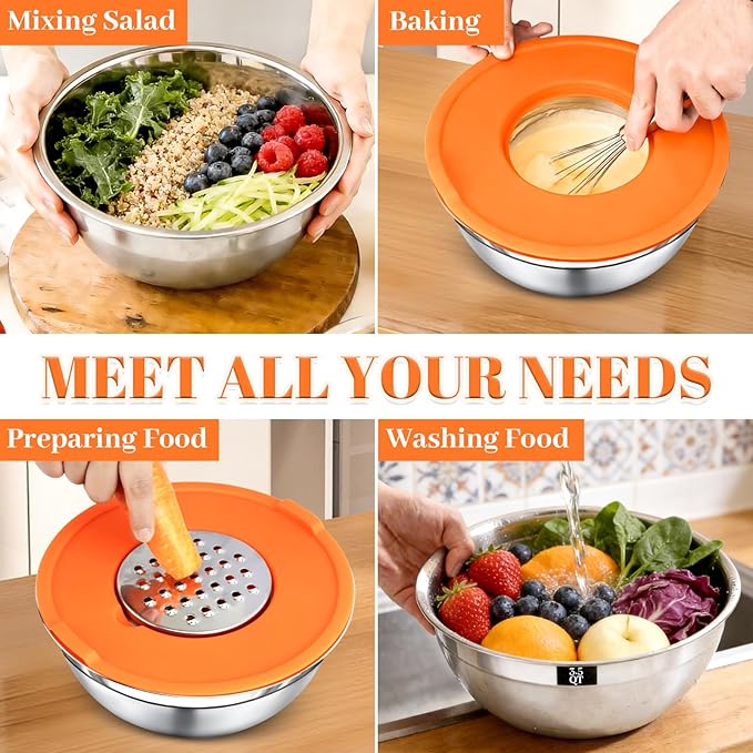 Mixing Bowls with Lids Set - 7 Nesting Mixing Bowls, 3 Graters, 11 Baking Tools, Airtight Lids, Stainless Steel Mixing Bowl for Mixing & Baking, Size 0.7/1.1/1.5/2.1/3.5/4/4.5 QT, Colorful