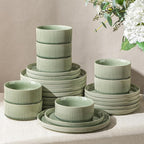 GBHOME 24-Piece Stoneware Dinnerware Set for 8 – Ribbed Ceramic Plates and Bowls, Scratch-Resistant, Microwave & Dishwasher Safe, Reactive Glaze, Light Green