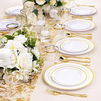 bUCLA 300PCS Gold Disposable Dinnerware Set - White and Gold Plastic Plates - Include 50 Each (Dinner&Dessert) Plates,50 Knives,50 Forks,50 Spoons,50 Cups for Party
