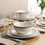 Gibson Home Hometown Diner 12-Piece Porcelain Dinnerware Set, Round Plates and Bowls Set for 4, White with Black Rim, Dishwasher Safe – Dinner Plate, Salad Plate & Cereal Bowl
