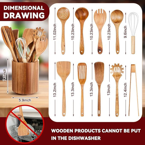 11 Pcs Wooden Kitchen Utensils Set with 360° Rotating Holder 7.3" x 5.9" Acacia Wood Cooking Utensils with Holder Cooking Spoons Spatulas for Nonstick Cookware Countertop Kitchen(Natural)
