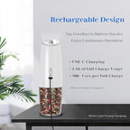 Rechargeable Electric Salt and Pepper Grinder Set, Gravity Activated, Adjustable Coarseness, LED Light, USB Charging, Ceramic Core, 150ml Transparent Hopper, Black + White