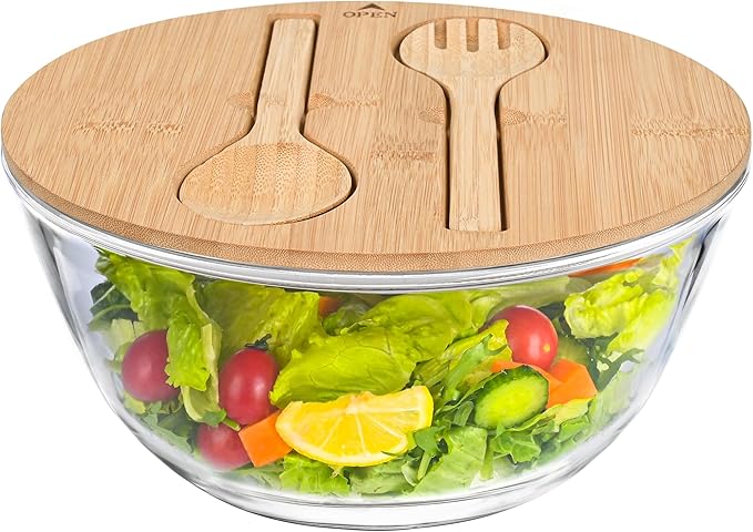 LOVYANXUE 10.6" Glass Salad Bowl with Sealed Lid, 4.7 Quart Large Capacity Serving Bowls and Mixing Bowls with Utensils, Versatile Glass Bowls for Salads, Trifle, Fruits, Pasta, Microwave Safe
