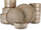 vancasso PLAYA Plates and Bowls Sets, 24 Pieces Dark Brown Dinnerware Sets for Kitchen, Reactive Glaze Dishes Set for 8, Dishwasher and Microwave Safe