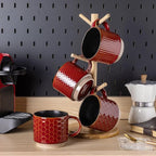 GBhome 12 OZ Stackable Coffee Mugs Set of 4, Ceramic Coffee Cups with Texture Patterns for Man,Woman,Dad,Mom, Modern Mugs Set for Latte/Cappuccino/Cocoa. Dishwasher&Microwave Safe, Red
