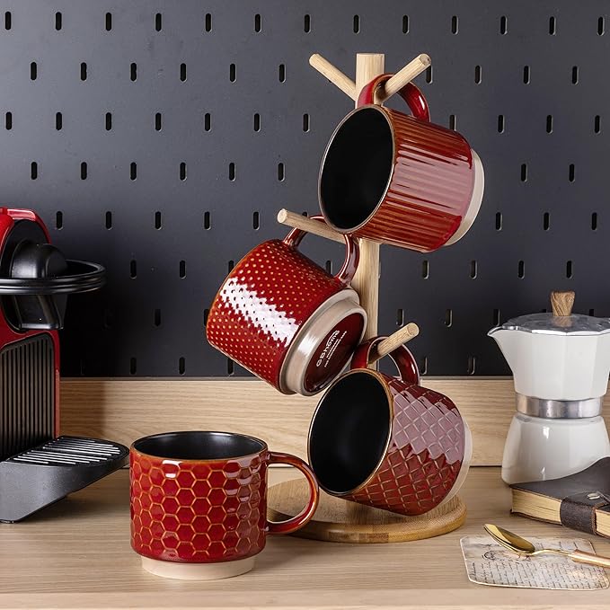 GBhome 8OZ Stackable Coffee Mugs, Ceramic Coffee Mugs with Texture Patterns for Man,Woman,Dad,Mom, Modern Coffee Cups Set of 4 for Espresso/Cappuccino. Dishwasher&Microwave Safe,Red