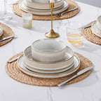 E-far 16 Piece Dinnerware Sets, Plates and Bowls with Pasta Bowls Service for 4, Modern Stoneware Ribbed Dishes for Kitchen Dining, Microwave & Dishwasher Safe, Creamy Beige
