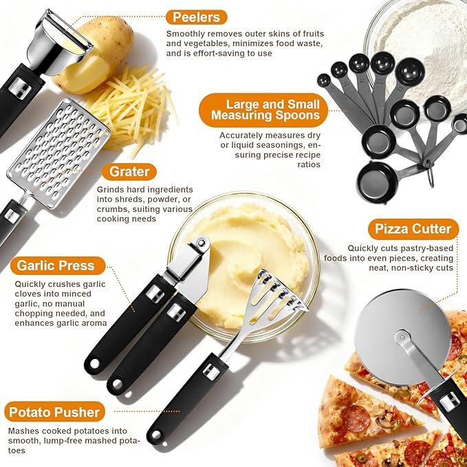 46Pcs 18/8 Stainless Steel Kitchen Utensils Set, Stainless Steel Cooking Utensils, Complete Tools with Metal Kitchen Gadgets for Beginner Cooks, Apartment Dwellers, Homemakers, Dishwasher Safe