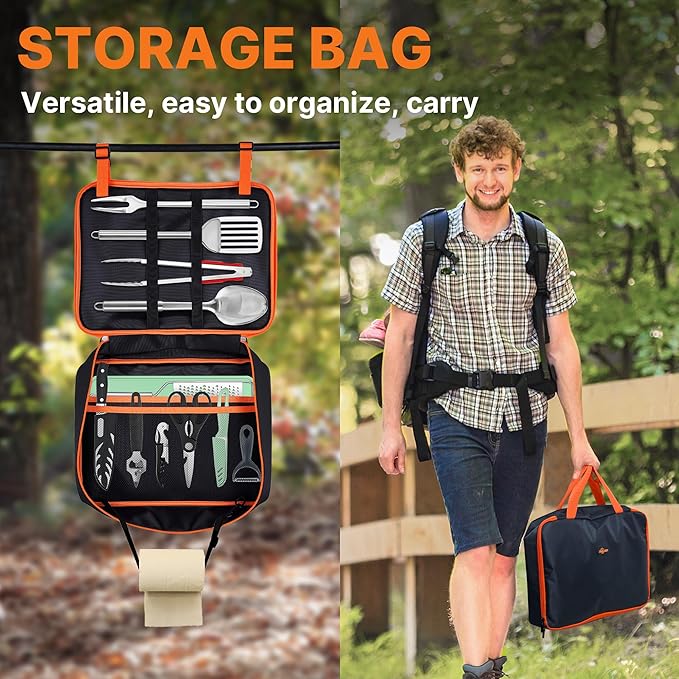 Portable Camping Cooking Utensils Set, Camp Kitchen Set with Organizer Bag, RV Essentials Outdoor Cooking Utensil Kit for Travel, Picnics, Camping, BBQs, Parties