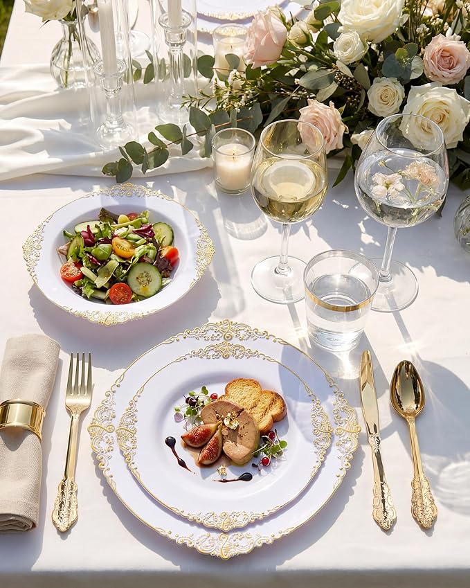 Nervure 175PCS White and Gold Plastic Plates - Disposable Dinnerware Set Include 50 Gold Plates for Dinner and Dessert, 75 Cutlery, 25Cups 25Napkins for Wedding & Party & Thanksgiving