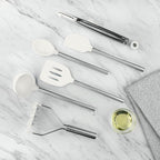 Tovolo Silicone Cooking Utensil Set of 6 Stainless Steel Handle Ladle Slotted Turner Tongs Flex Core Spatula Scraper Mixing Spoon & Potato Masher, Dishwasher Safe BPA Free Utensils, White