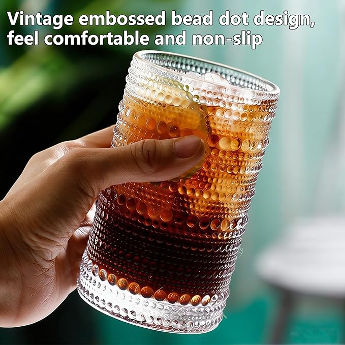 Hobnail Drinking Glasses Set of 8, 12 oz Highball Glasses & 10 oz Cocktail Glasses, Embossed Vintage Kitchen Glassware, Dishwasher Safe Glasses Drinking Set for Whiskey, Juice, Cocktails, Beer
