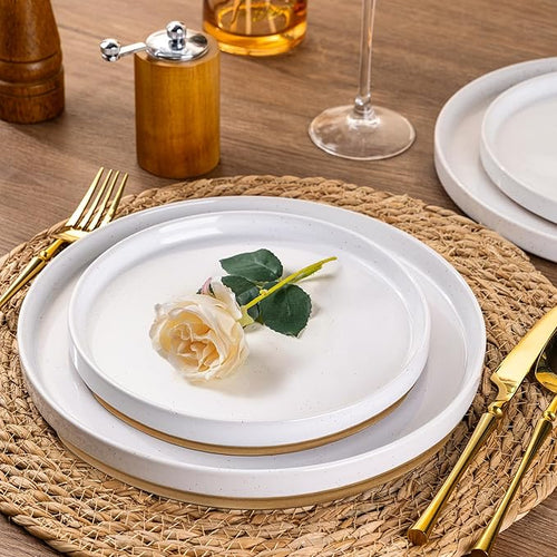 AmorArc Ceramic Dinnerware Set for 8 | Speckled Stoneware Plates and Bowls with Rustic Terracotta Underside| Scratch Resistant,Dishwasher & Microwave Safe Dishes Sets- 24pcs White
