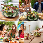 FoldTier Large Glass Salad Bowl Set, Party Salad Bowl with Acacia Wood Base and Lid as Cheese Charcuterie Board and Plate, Comes with 5 Pieces Elegant Wood Serving Utensils