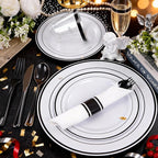 WELLIFE 210Pcs Black Plastic Dinnerware with Pre Rolled Napkins, Include:30 Dinner Plates, 30 Dessert Plates, 30 Paper Napkins, 30 Cups, 90 Plastic Cutlery