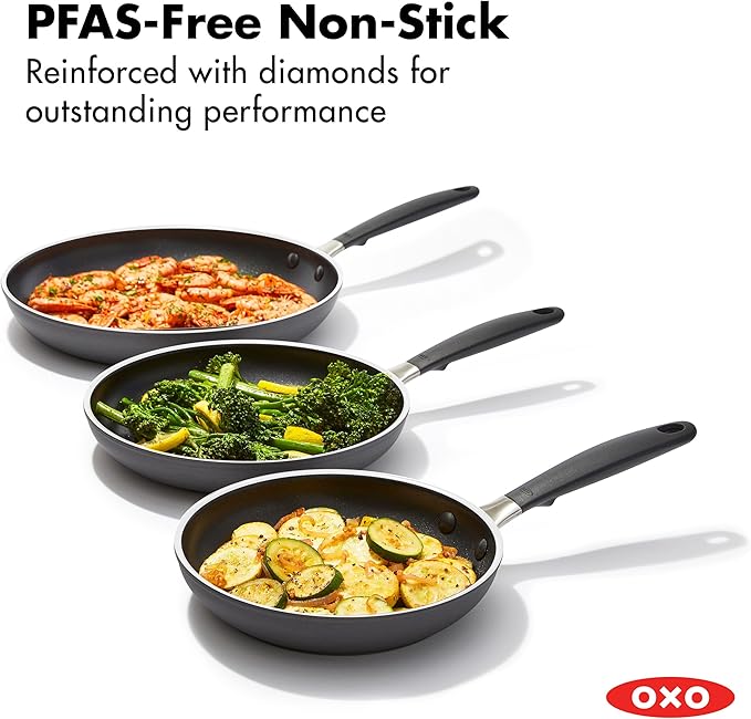OXO Non-Stick Every Day Frying Pan Set, BPA-Free Comfort Grip Silicone Handles, Dishwasher & Oven Safe, PFAS-Free Ceramic Skillets, Black, 8”, 10” & 12”