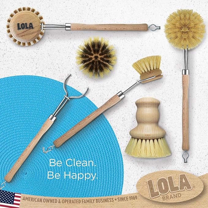 LOLA Dishwashing & Vegetable Brush The Original, 3" Head, Sustainable Wood Handle w/Tampico Fiber Bristles, Safe for Non-Stick Pans, Dishes, Cast Iron Skillet - Easy Head Only Replacement, 1 Pk