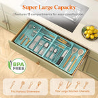 Lifewit Silverware Drawer Organizer, Expandable BPA Free Plastic Utensil Tray for Kitchen, Adjustable Flatware Cutlery Holder for Spoons Forks Knives, 21.3- 36 x 16.9", Turquoise