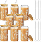 Mumufy 8 Pack Bridesmaid Gift Glass Cups, Cute Flower Mason Jars with Bamboo Lids & Straws, 16oz Iced Coffee Tumblers for Wedding, Bridal Party, Birthday, Mother's Day(Boho Floral)