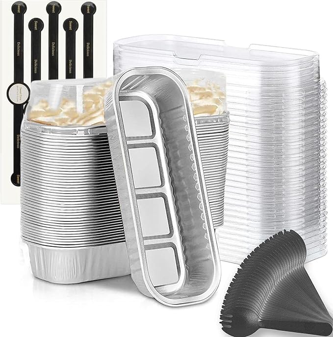 Mini Loaf Baking Pans with Lids and Spoons (50 Pack, 6.8oz) Rectangle Aluminum Foil Baking Pans Tins Containers - Cupcake Containers Wrappers Cheesecake Creme Brulee Ramekins