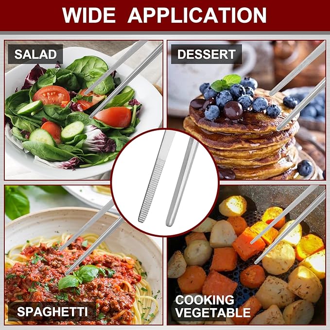 12 Inch & 10 Inch Fine Long Tweezers Tongs Stainless Steel, Silver Professional Kitchen Tweezers Tongs for Cooking, BBQ, Plating, Repairing (Pack of 4)