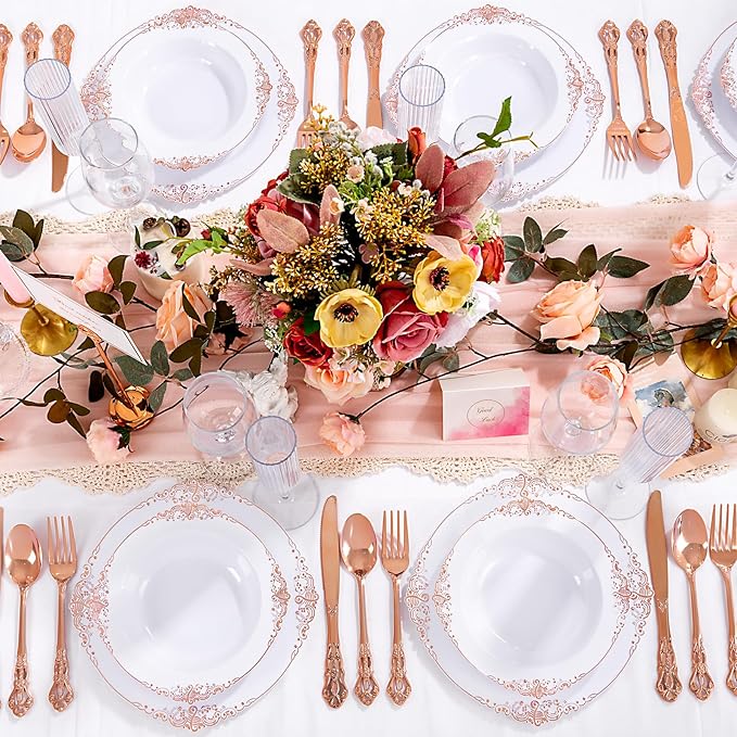 100PCS Rose Gold Plastic Bowls - 12 oz Disposable Salad Bowls - Heavy Duty Disposable Soup Bowl - Fancy Plastic Ice Cream Bowl for Weddings Parties Catering Picnics Mother‘s Day