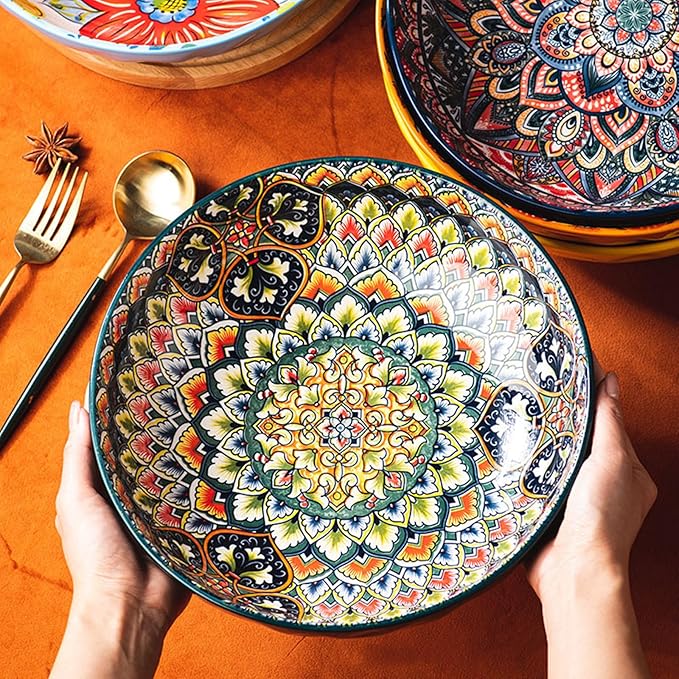 Boho Large Serving Bowls, 10.2 Inch Fruit Salad Bowls, Decorative Serving Dishes for Entertaining, 80 OZ Pasta Bowls Set of 2, Vibrant Colorful Soup Bowls for Party, Home Decor, Bohemian Style Gift