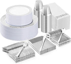 Bestluck 350PCS Silver Plastic Dinnerware Set for 50 Guests, Disposable Plates for Party, Wedding, Include 50 Dinner Plates, 50 Dessert Plates, 50 Set Silver Silverware, 50 Cups, 50 Napkins