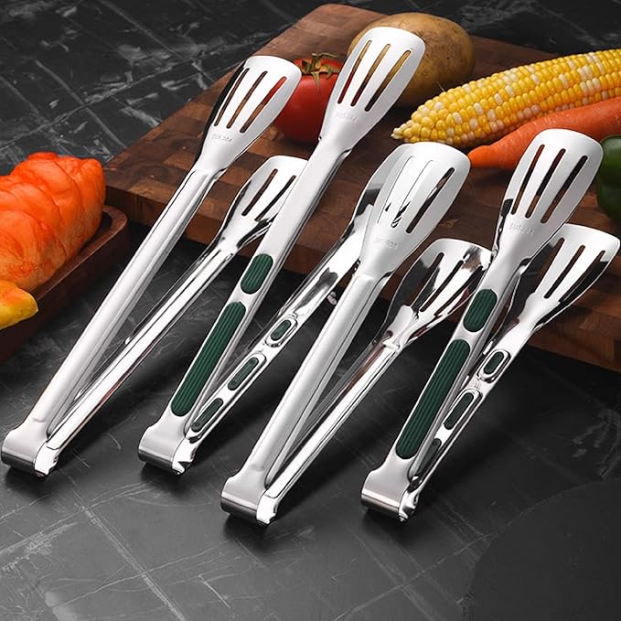 Stainless Steel Kitchen Tong Set - Anti-Slip Heat-Resistant Grip, Widened 3-Line Slotted Heads for Easy Clamping (Steaks, BBQ, Pasta, Salads), Easy Clean for Versatile Use Set of 3-6" 9" 11", Silver