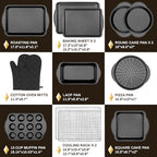 13 PCS Nonstick Bakeware Set - Carbon Steel Baking Pans Set with Dual Handles, Includes Roasting Pan, Pizza Pan, Cookie Sheet, Cake Pans, Muffin Pans, Cooling Rack, Oven Mitts, Non-Toxic