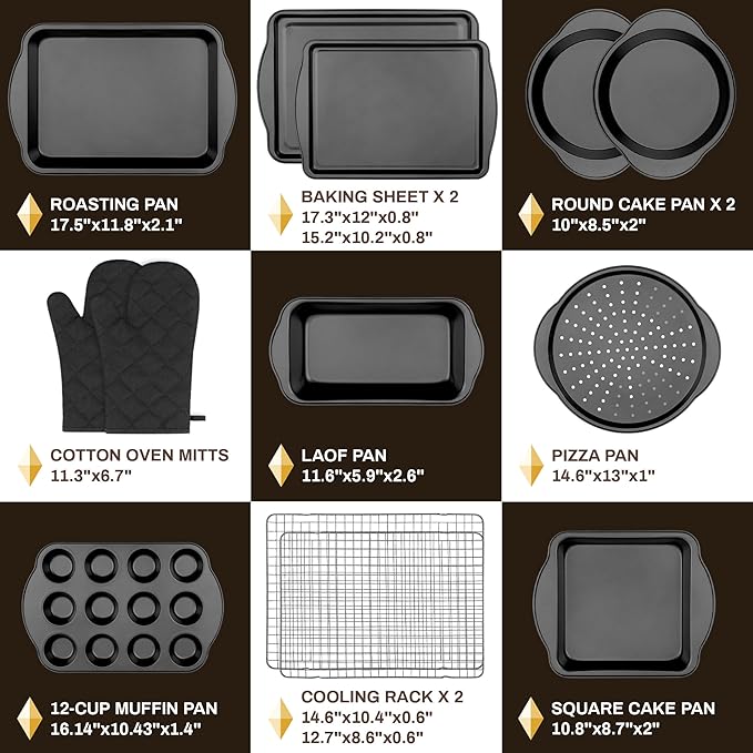 13 PCS Nonstick Bakeware Set - Carbon Steel Baking Pans Set with Dual Handles, Includes Roasting Pan, Pizza Pan, Cookie Sheet, Cake Pans, Muffin Pans, Cooling Rack, Oven Mitts, Non-Toxic