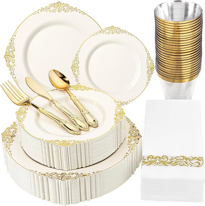 Morejoy 175 PCS Lvory Plastic Plates - Lvory Gold Plastic Dinnerware Set Include 25Dinner Plates, 25Dessert Plates 50Cutlery, 25Cups, 50Napkin Perfect for Party & Wedding