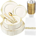 Morejoy 175 PCS Lvory Plastic Plates - Lvory Gold Plastic Dinnerware Set Include 25Dinner Plates, 25Dessert Plates 50Cutlery, 25Cups, 50Napkin Perfect for Party & Wedding