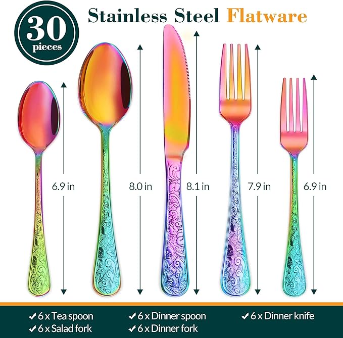 Rainbow Silverware Set, 30 Pieces Vintage Carved Flatware Set for 6, Stainless Steel Cutlery Set with Knife/Fork/Spoon,Utensil Set for Home and Kitchen, Dishwasher Safe